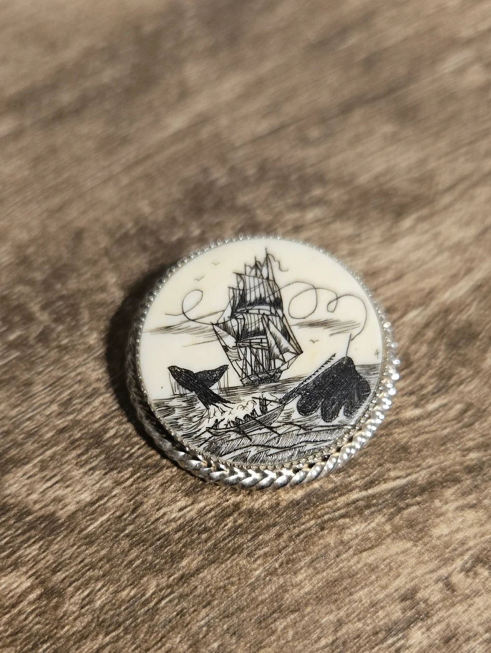 Faux Bone Scrimshaw Brooch Pendant